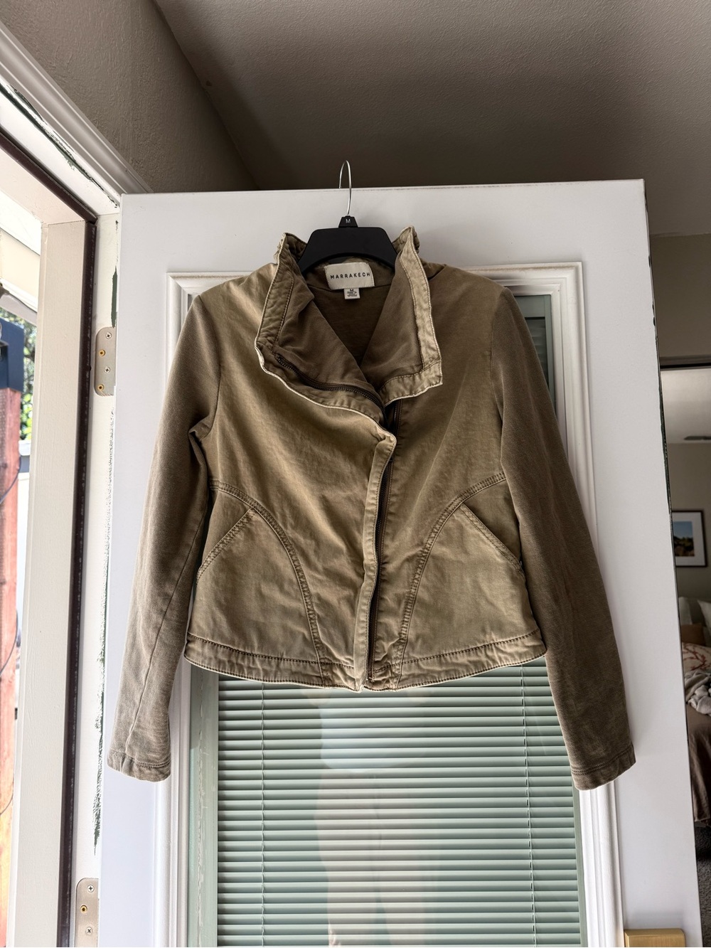 Marrakech Olive Canvas Moto Jacket Knit Sleeves Size M